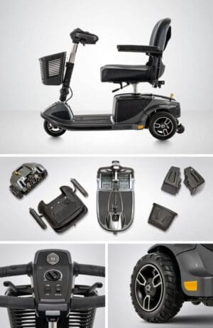A black mobility scooter with detachable parts laid out.