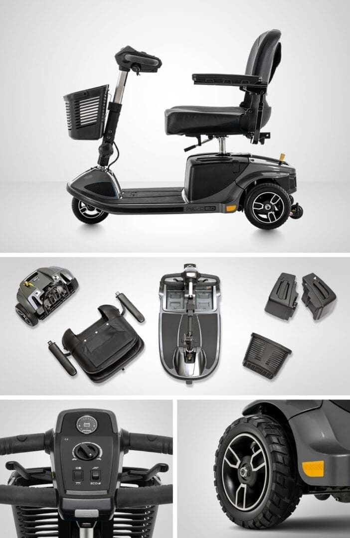 A black mobility scooter with detachable parts laid out.