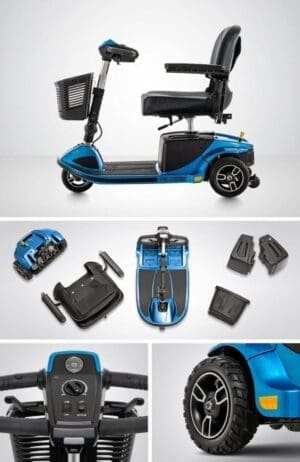 Blue mobility scooter with detachable parts for easy transport.