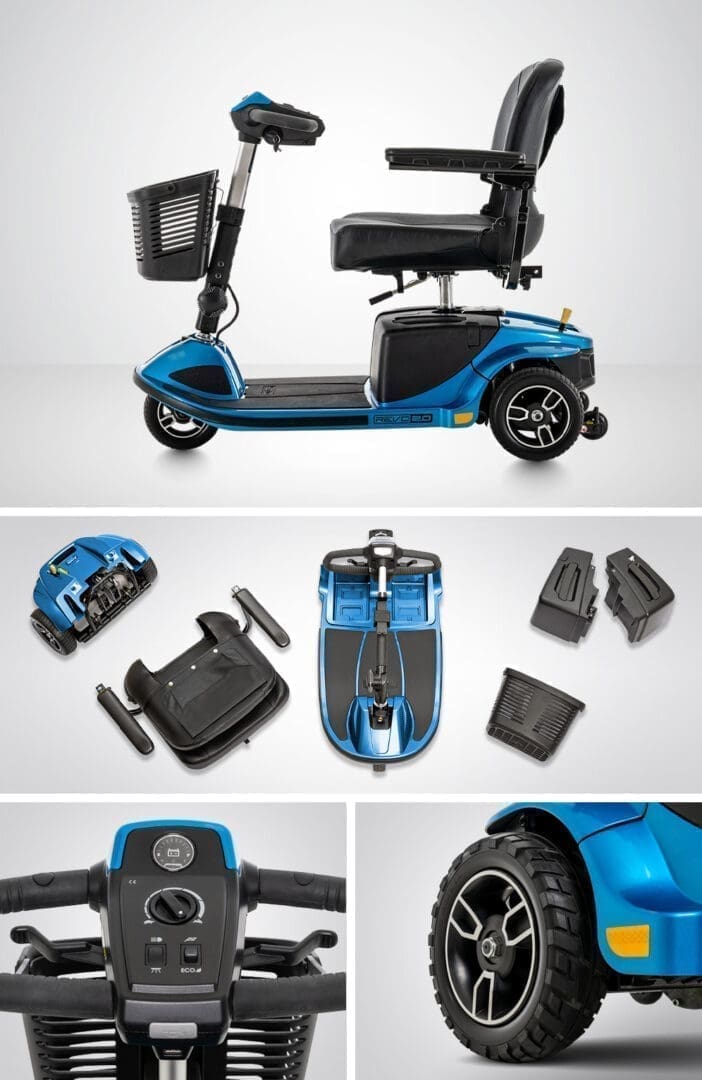 Blue mobility scooter with detachable parts for easy transport.