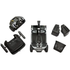Disassembled black handheld electronic device with various parts laid out.