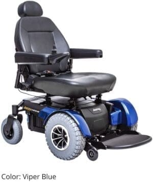 A modern electric wheelchair with cushioned seat and armrests.