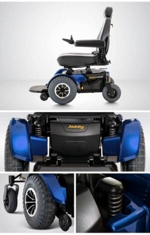 Close-up shots of a blue electric wheelchair highlighting its parts.