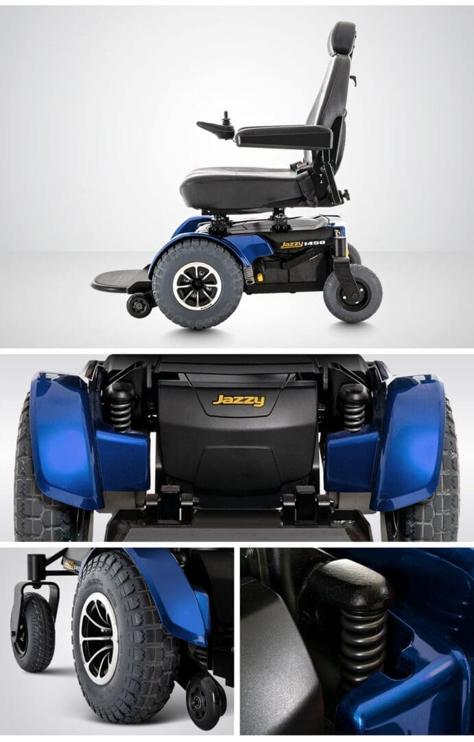 Close-up shots of a blue electric wheelchair highlighting its parts.