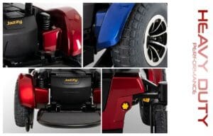 Close-up shots of red and blue electric scooters highlighting tire, motor, and details.