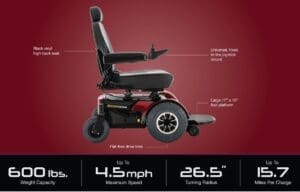 Electric wheelchair with adjustable seat and joystick control on a red background.