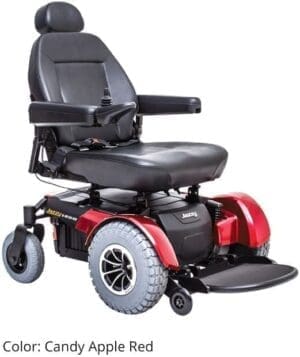 Modern electric wheelchair with cushioned seat and adjustable armrests.