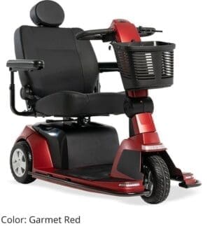 Three-wheeled mobility scooter with a black seat and red body.