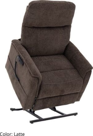 A brown fabric lift recliner chair with padded armrests and backrest.