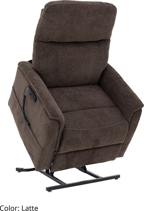 A brown fabric lift recliner chair with padded armrests and backrest.