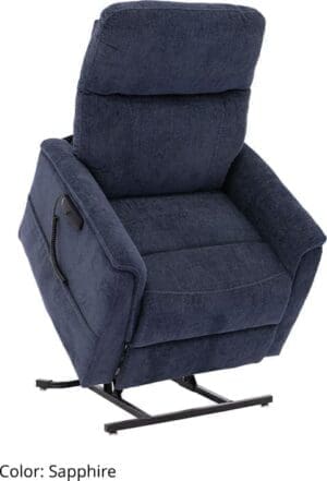 A navy blue lift recliner chair with padded armrests and cushioned back.
