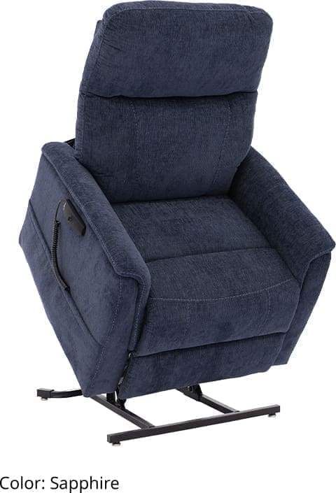 A navy blue lift recliner chair with padded armrests and cushioned back.