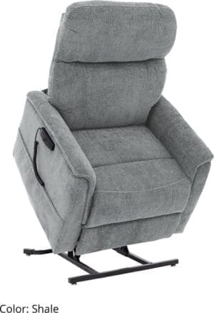 Gray fabric lift recliner chair with padded armrests and a side handle.