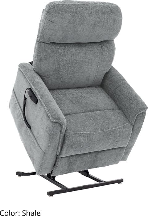 Gray fabric lift recliner chair with padded armrests and a side handle.
