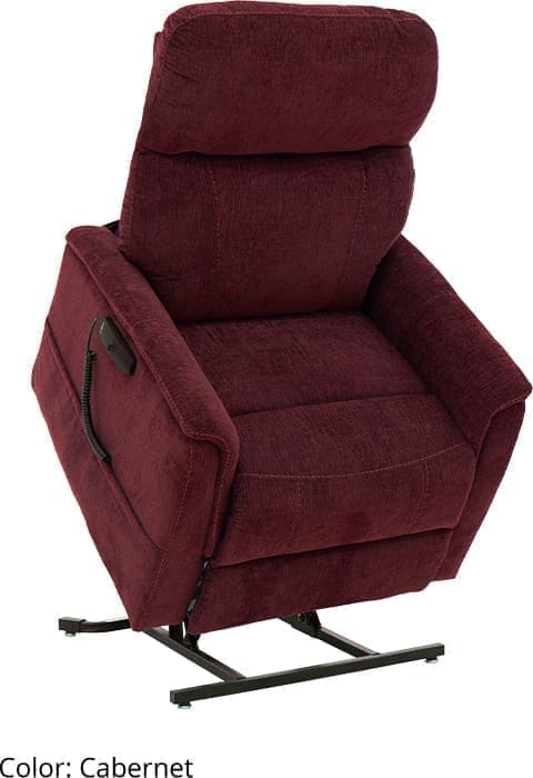 A maroon electric lift recliner chair with padded armrests.