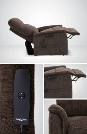 Brown reclining chair shown from side and close-up of controls.