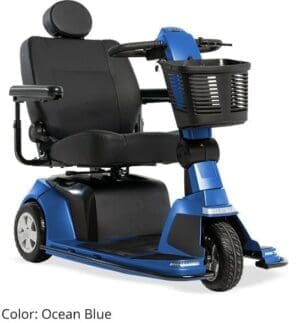 Compact blue mobility scooter with a black seat and front basket.