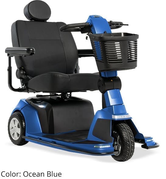 Compact blue mobility scooter with a black seat and front basket.