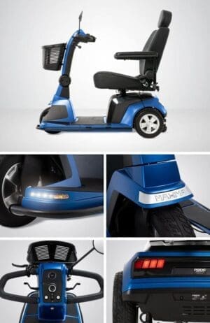 Close-up views of a blue mobility scooter highlighting various design details.