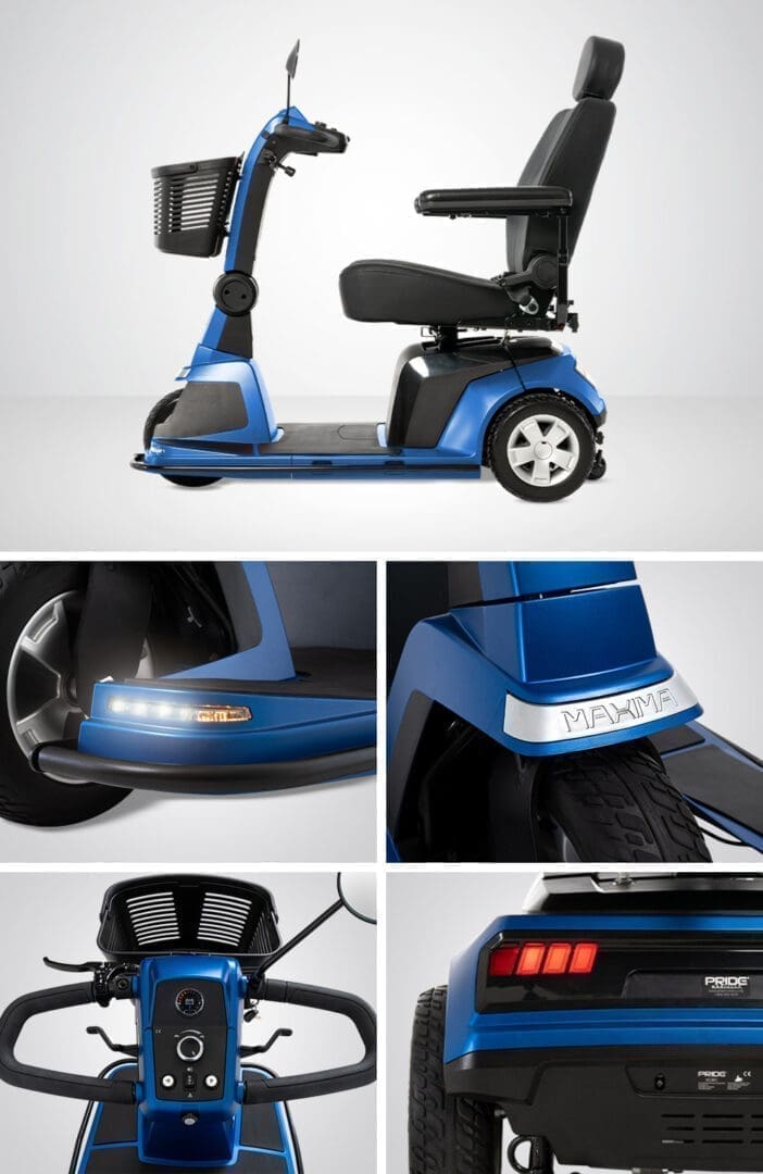 Close-up views of a blue mobility scooter highlighting various design details.