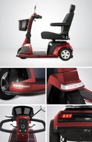 Red mobility scooter with ergonomic seat and LED lighting details.