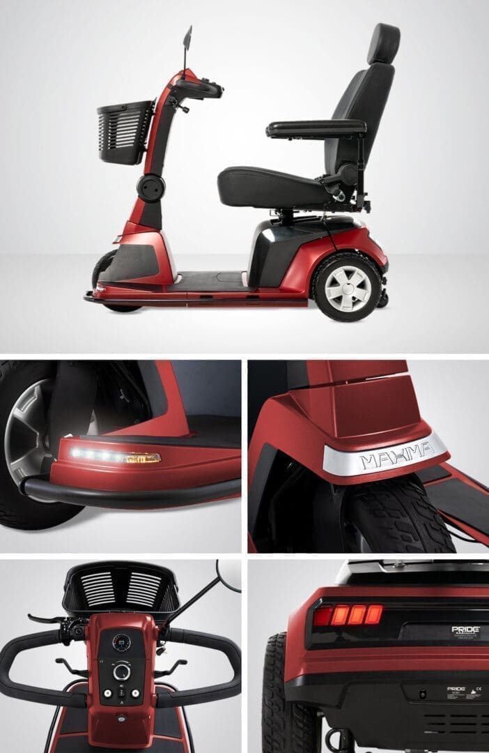 Red mobility scooter with ergonomic seat and LED lighting details.