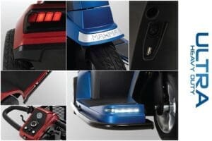 Close-up of a futuristic vehicle's sleek blue and black parts with illuminated details.