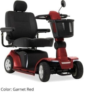 Red and black mobility scooter with basket and padded seat.