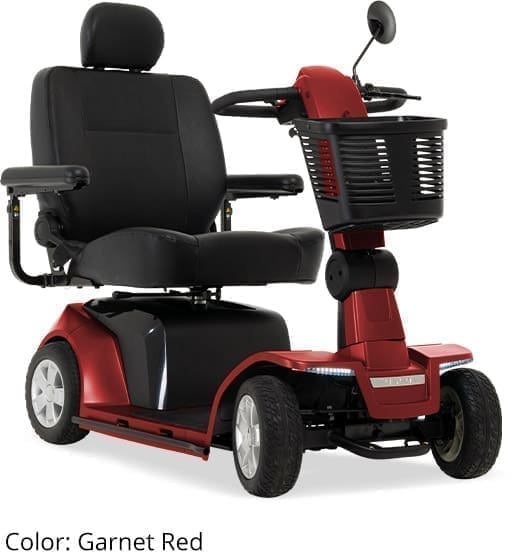 Red and black mobility scooter with basket and padded seat.