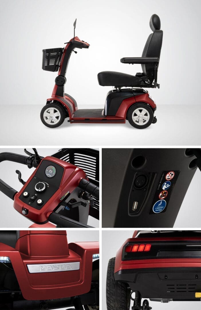 A red mobility scooter with detailed control panel and rear lights.
