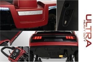 Close-up views of red and black car interior and exterior details.