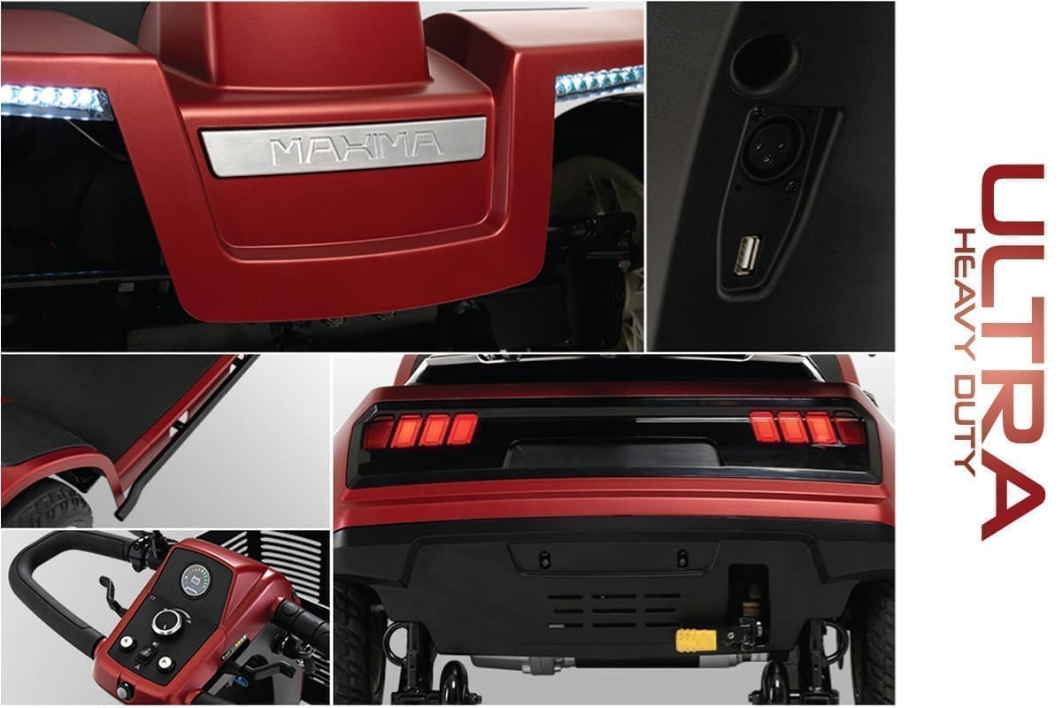 Close-up views of red and black car interior and exterior details.