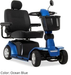 Blue and black four-wheeled mobility scooter with a front basket.