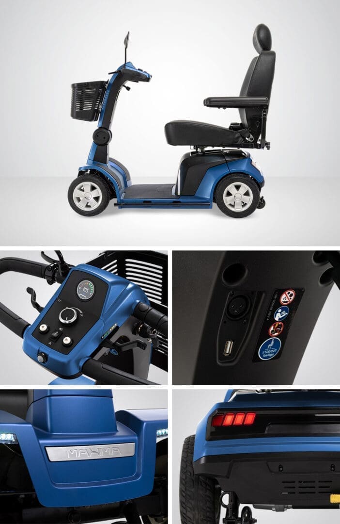 A modern blue mobility scooter with detailed close-ups of its controls and features.