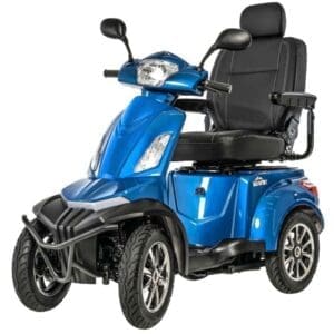 A blue four-wheeled mobility scooter with a comfortable black seat and backrest.