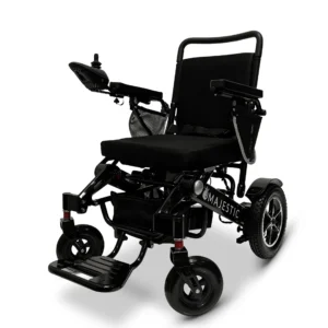 A black electric wheelchair with sturdy wheels and adjustable footrest.