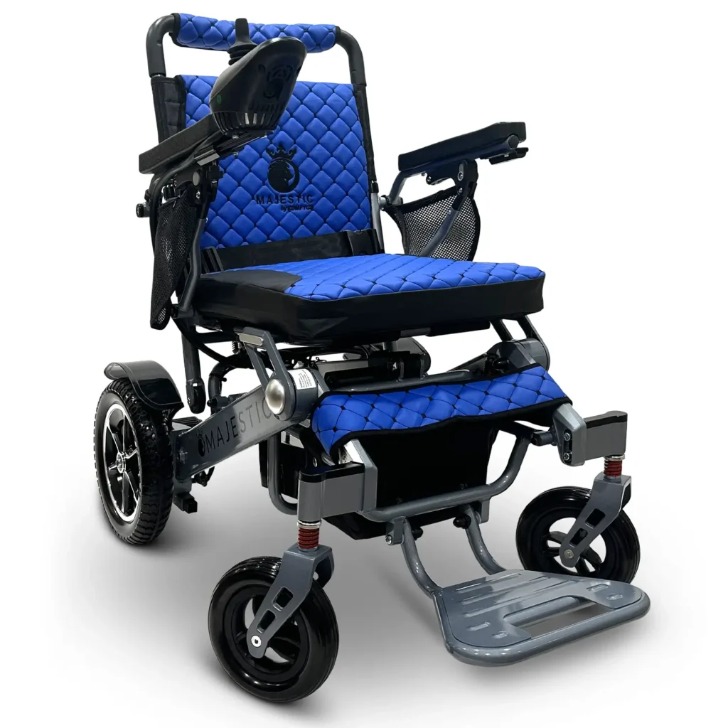 Blue electric wheelchair with cushioned seat and sturdy wheels.