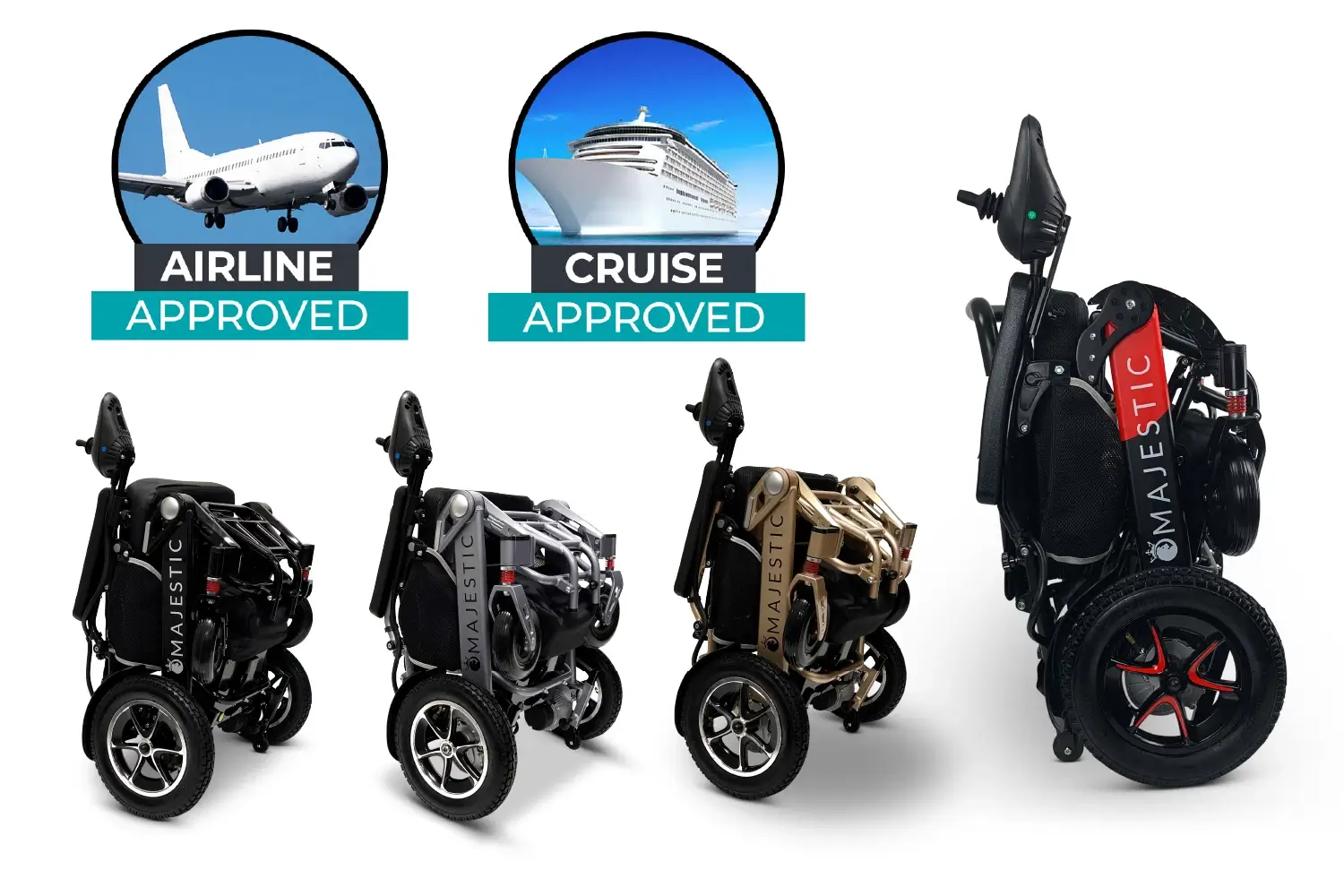 Three compact foldable electric motorcycles in different colors with airline and cruise approval.