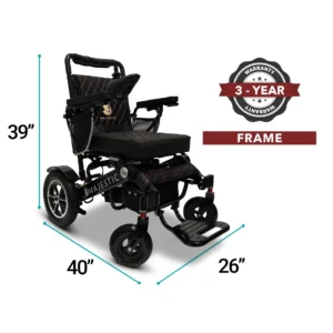 Electric wheelchair with adjustable footrests and padded armrests, measuring 40x26x39 inches.