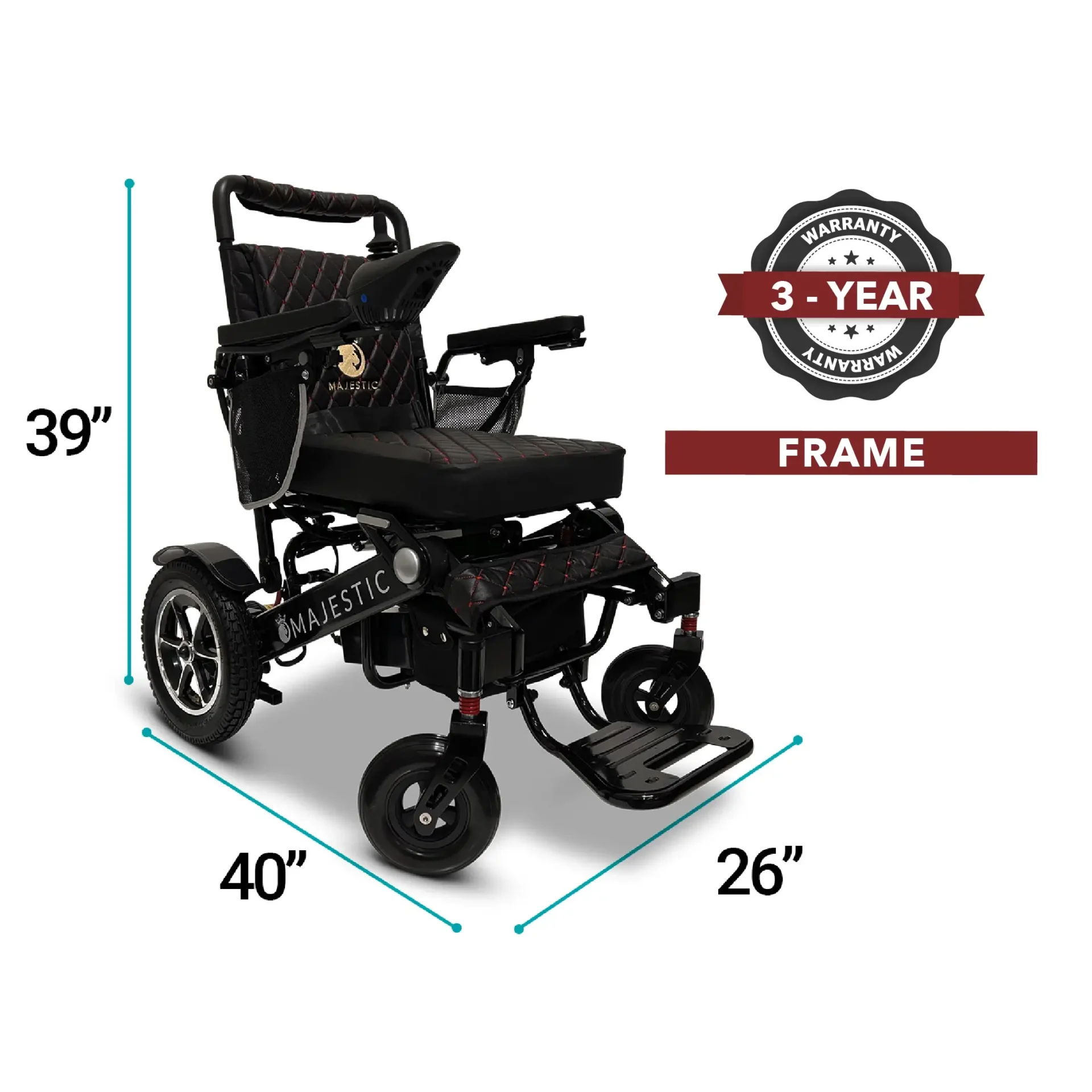 Electric wheelchair with adjustable footrests and padded armrests, measuring 40x26x39 inches.