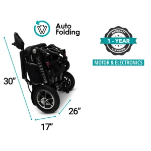 Compact auto-folding stroller with easy dimensions and 1-year warranty.