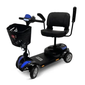 A black and blue mobility scooter with a front basket and cushioned seat.