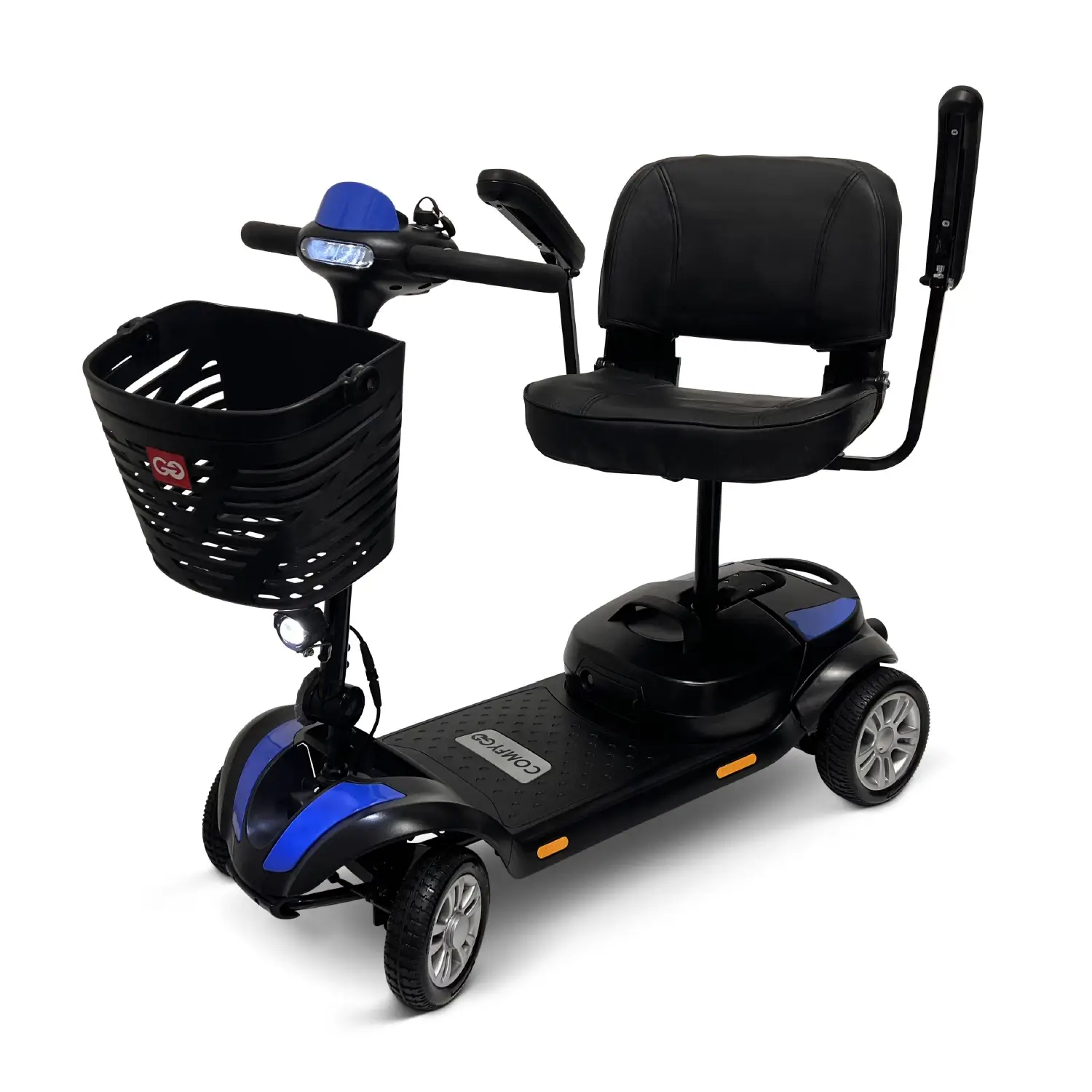A black and blue mobility scooter with a front basket and cushioned seat.