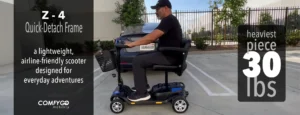 Man riding a mobility scooter in a parking lot.