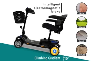 Electric mobility scooter with intelligent electromagnetic brake and 10° climbing gradient.
