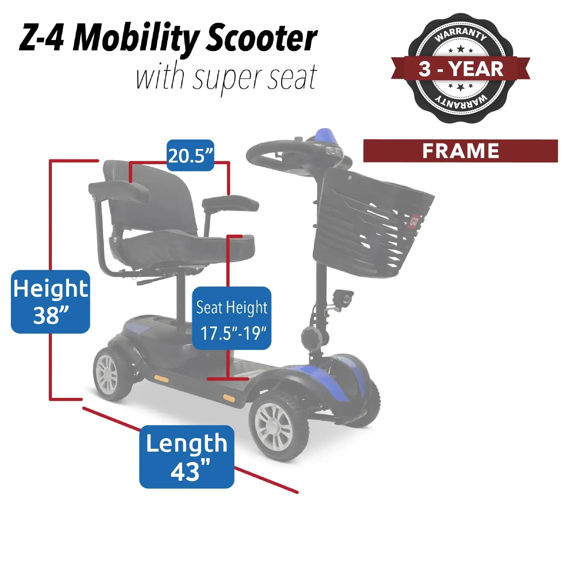 Z4 Mobility Scooter with super seat and basket, measuring 43" length and 38" height.