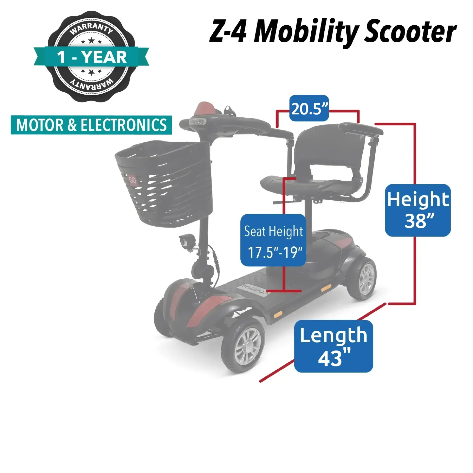 Z-4 Mobility Scooter with adjustable height and length specifications.