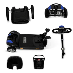 Disassembled black and blue electric scooter parts laid out on a white background.