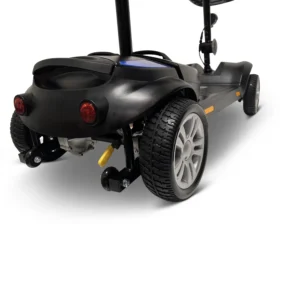 Rear view of a black mobility scooter showing wheels and tail lights.