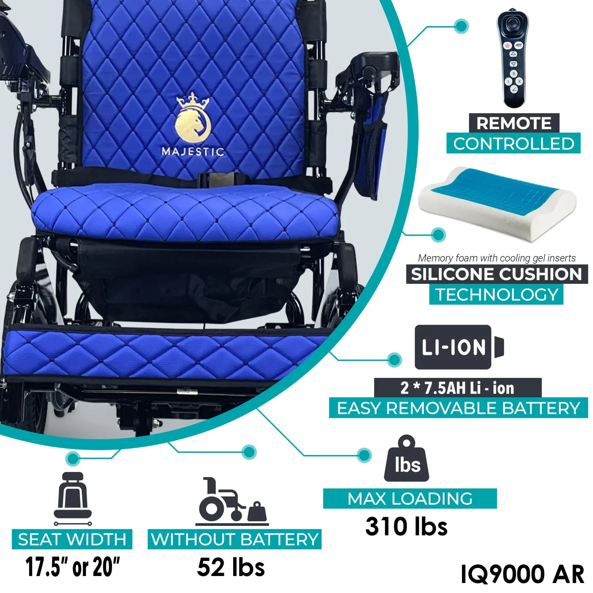 Blue IQ7000 power wheelchair with adjustable armrests and lithium-ion battery.